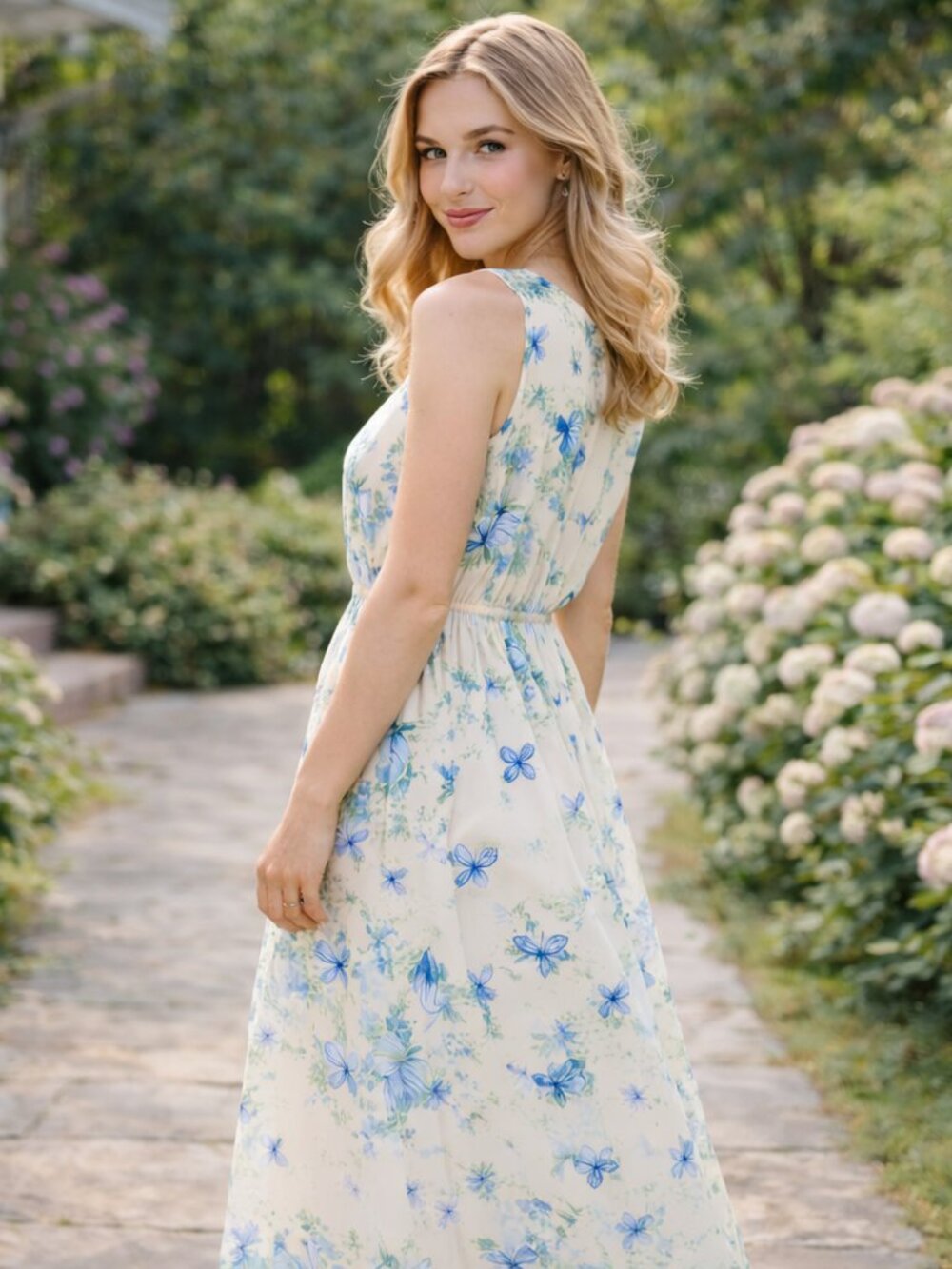Floral Maxi Dress Sleeveless A Line Cottagecore Romantic Feminine Butterflies - Picture 2 of 5